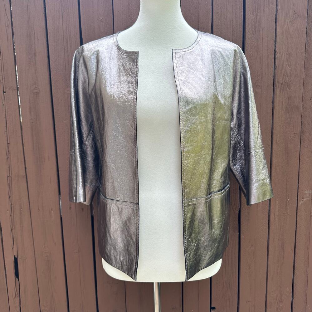 Lafayette 148 Metallic Leather Open Jacket Size 10 Bronze Gold Luxe Career Layer